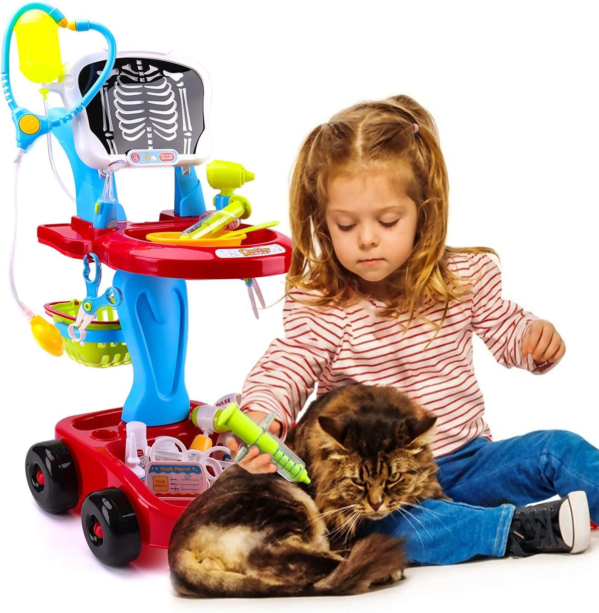 Doctor Cart Kit with Stethoscope Doctor Coat Light X-Ray Double-Decker Trolley Dress Up Doctor Costume Playset Toys Q677573