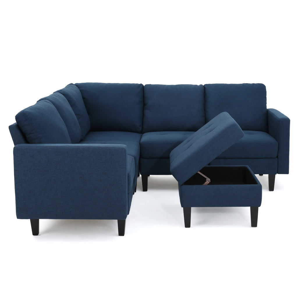 Dark Blue Fabric Sectional Couch with Storage Ottoman N732606