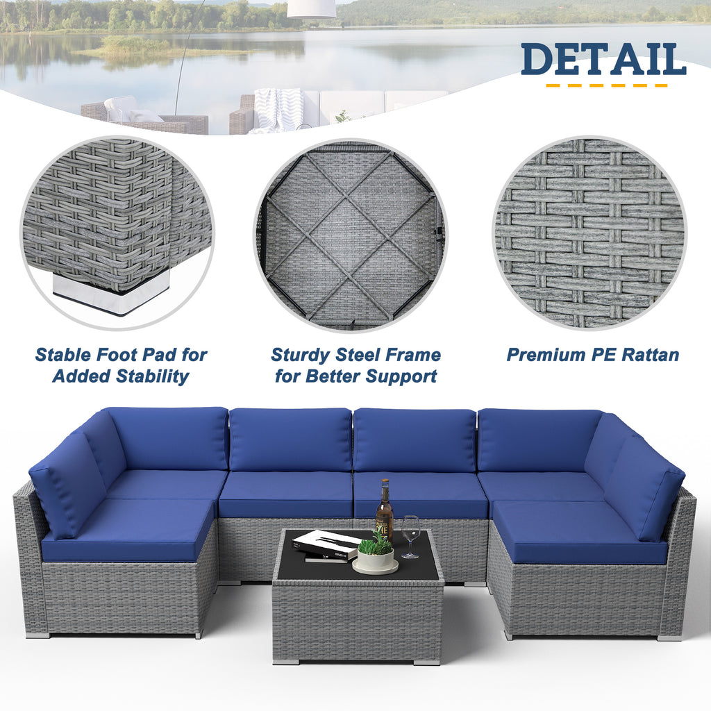 7 Piece Outdoor Wicker Patio Furniture Set with Coffee Table, Dark Blue W4274