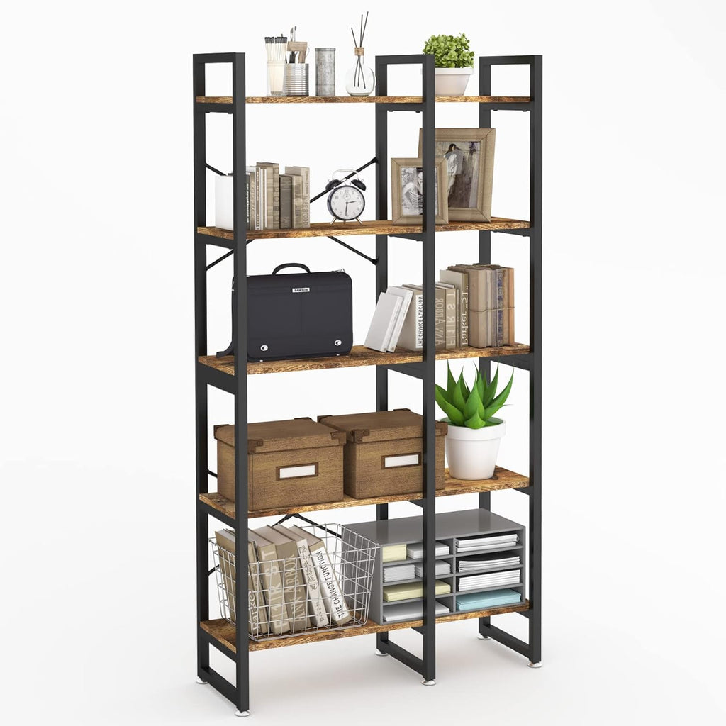 Rustic Industrial 5 Tiers Bookcase with Metal Frame C439