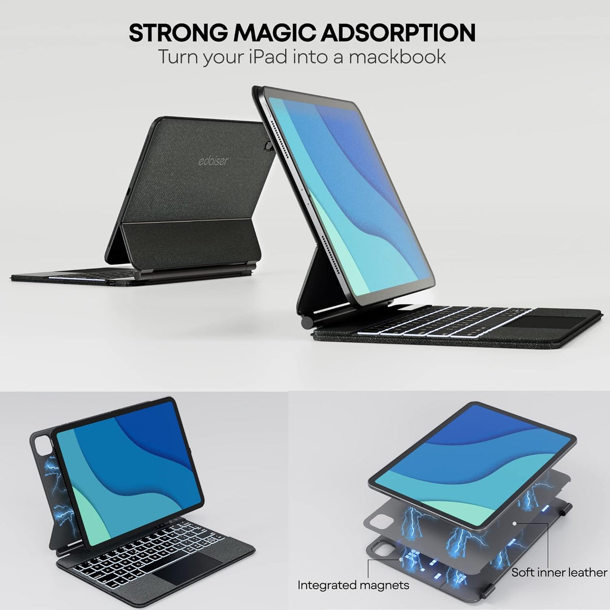 Magic iPad Keyboard Case with Trackpad Bluetooth Backlit Folio Leather H4257
