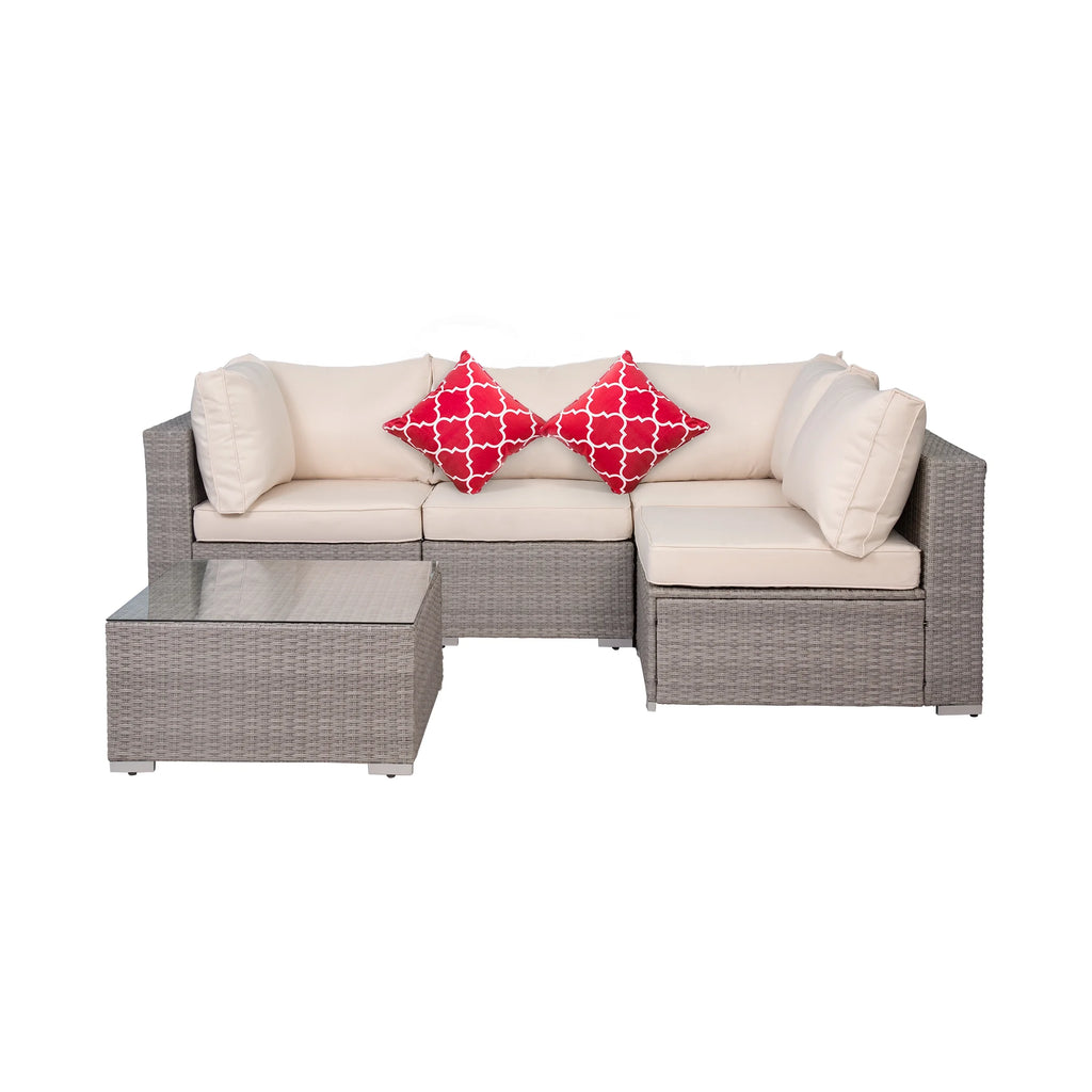 7-Piece Outdoor Rattan Wicker Sectional Seating Set with Cushions, Gray/Ivory O64938