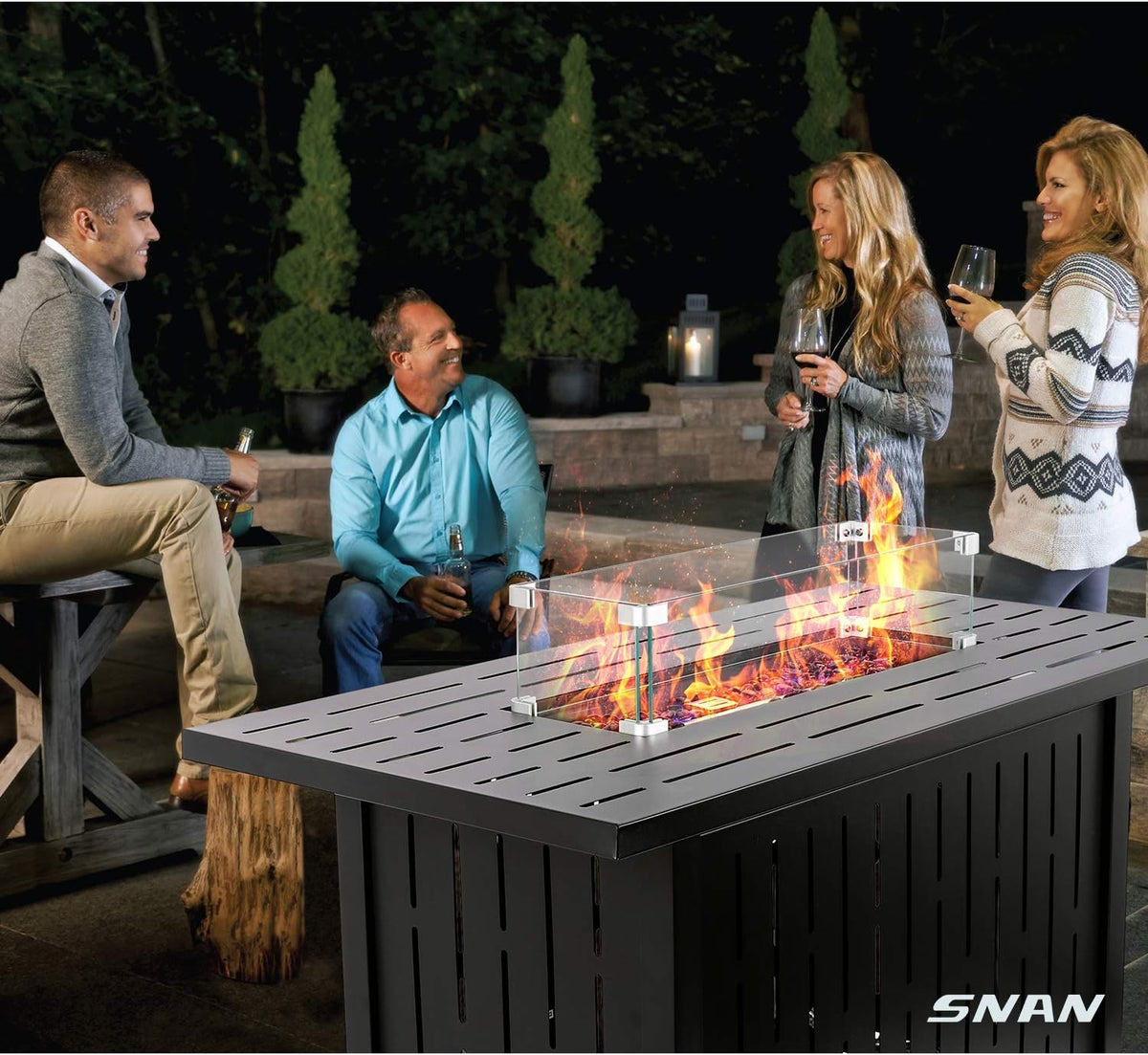 43in Outdoor Propane Gas Fire Pit Table with Glass Wind Guard, Glass Rock, Waterproof Cover Q537