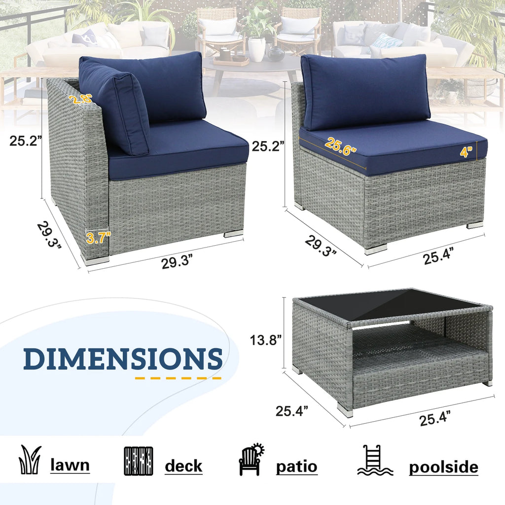 7 Piece Outdoor Wicker Patio Furniture Set with Coffee Table, Dark Blue W4274