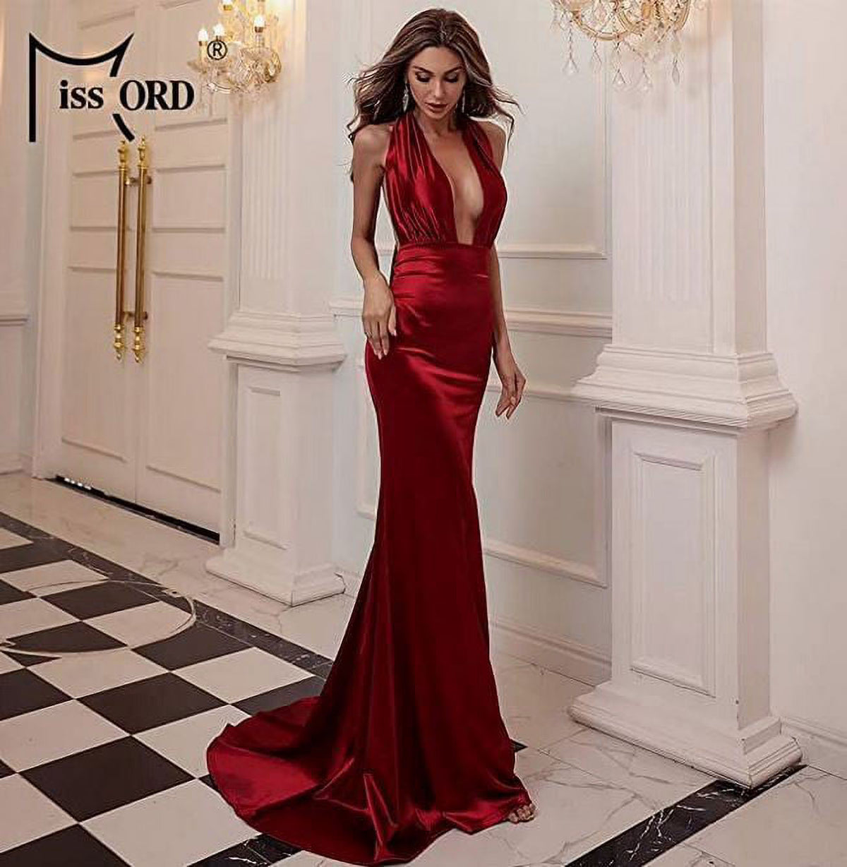 Red Medium V Neck Sleeveless Long Halter Dress P90988