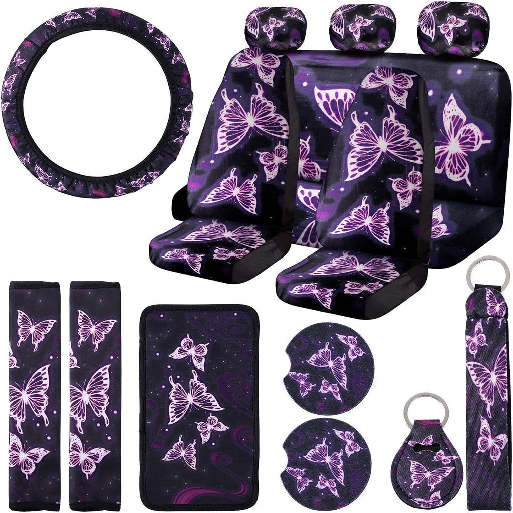 15 Pieces Purple Butterfly Car Seat Covers Full Set F24045