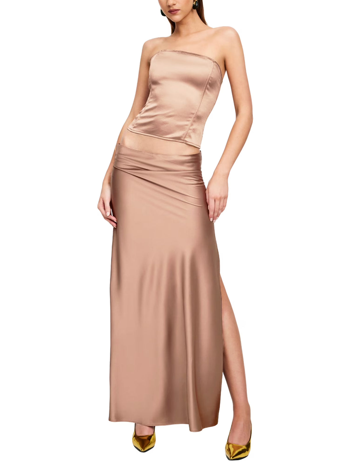 Satin Strapless Tube Tops High Waist Bodycon Slit Long Skirt Set A4479