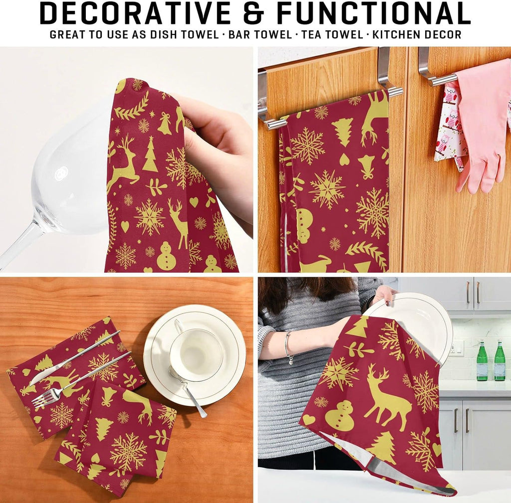 Reindeer Bells Snowflakes Kitchen Towels Set of 4 Dishcloths Ultra Absorbent 28'' x 18'' Q773