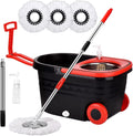 Spin Mop Bucket with Wringer Set, 3 Microfiber Replacement Mop Head Refills, Black/Red L81466