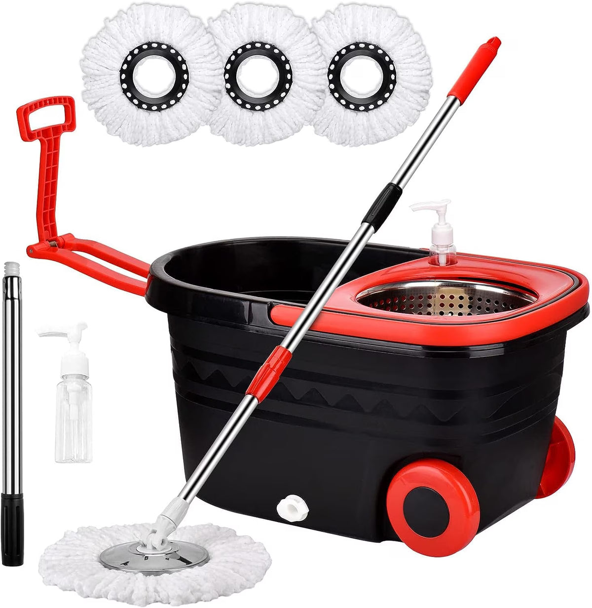 Spin Mop Bucket with Wringer Set, 3 Microfiber Replacement Mop Head Refills, Black/Red L81466