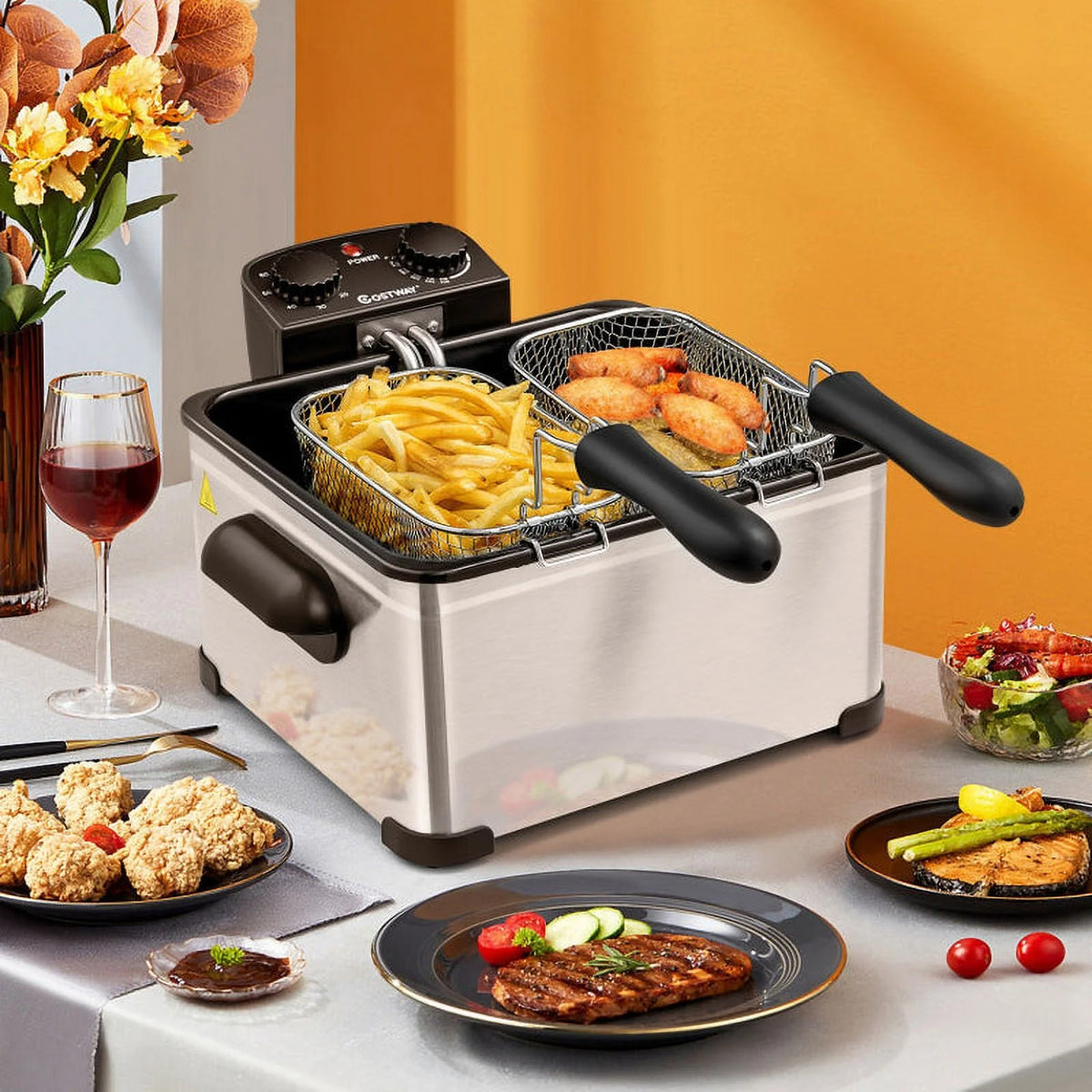 5.3Qt Stainless Steel Electric Deep Fryer with Triple Basket U332
