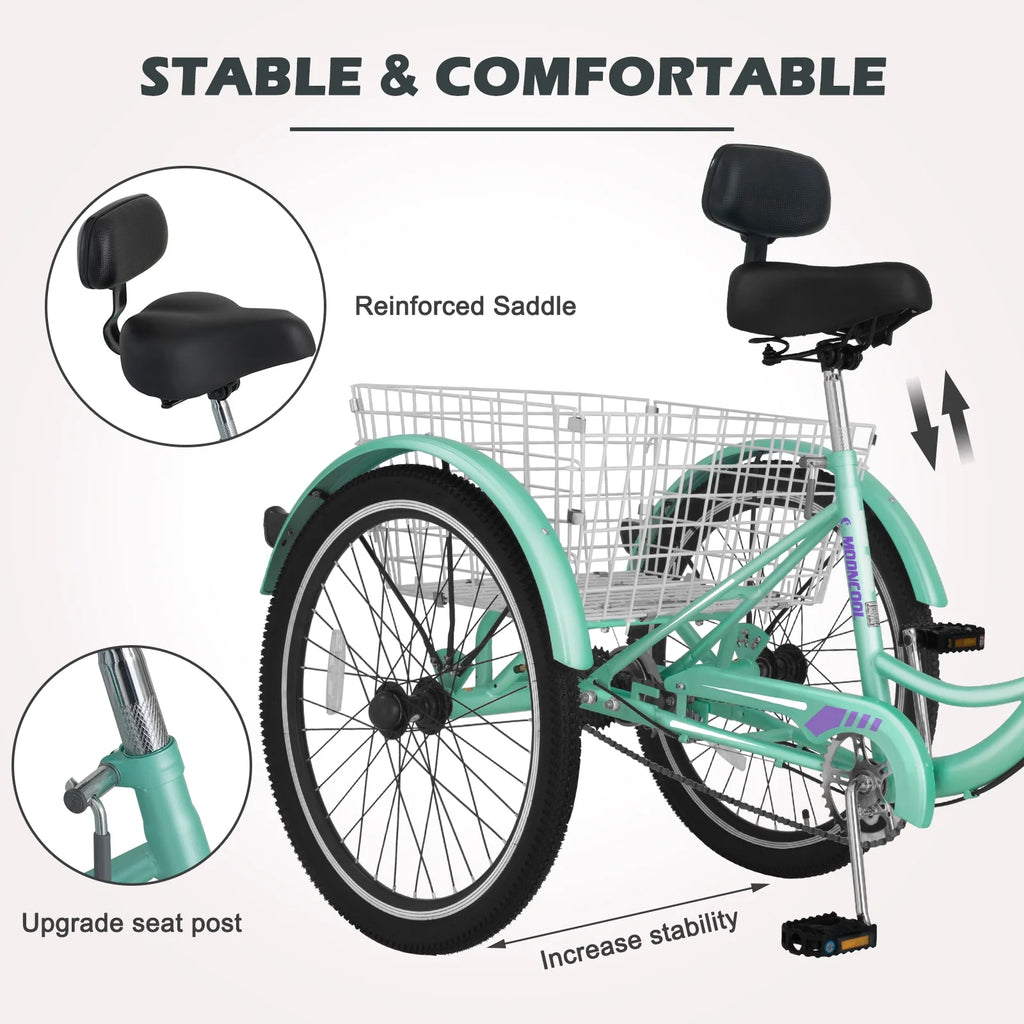 Adult Tricycles Single Speed 24 inch Three Wheel Bike Cruiser Trike with Low-Step Through Frame Large Basket V941769