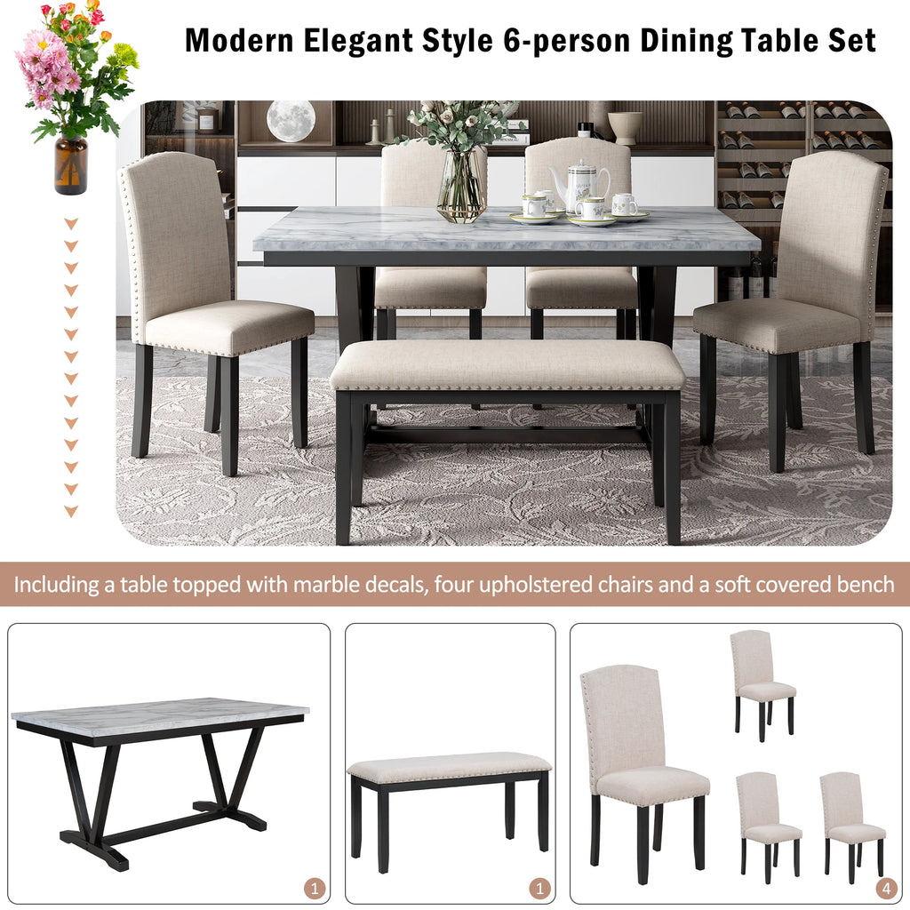6-piece Dining Table with 4 Chairs & 1 Bench, White Y37832