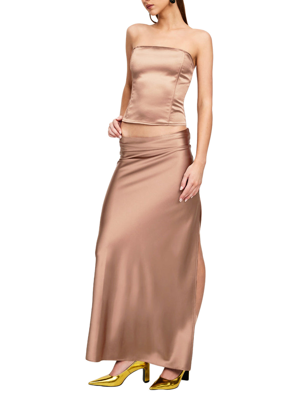 Satin Strapless Tube Tops High Waist Bodycon Slit Long Skirt Set A4479