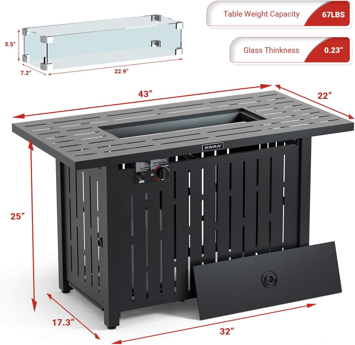 43in Outdoor Propane Gas Fire Pit Table with Glass Wind Guard, Glass Rock, Waterproof Cover Q537