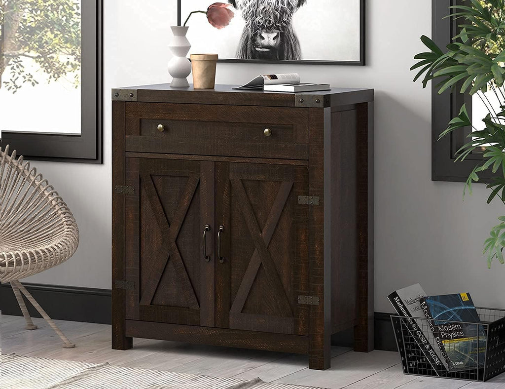 Rustic Oak Storage Cabinet with Double Doors and Drawer V9523