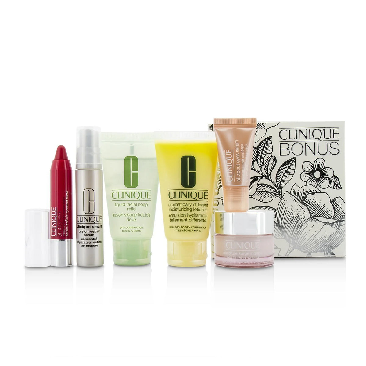 Clinique Travel Set: Facial Soap 30ml + DDML+ 30ml + Moisture Surge Intense 15ml + Smart Serum 10ml + Eye Serum 5ml + Chubby Stick #05 6pcs P482318
