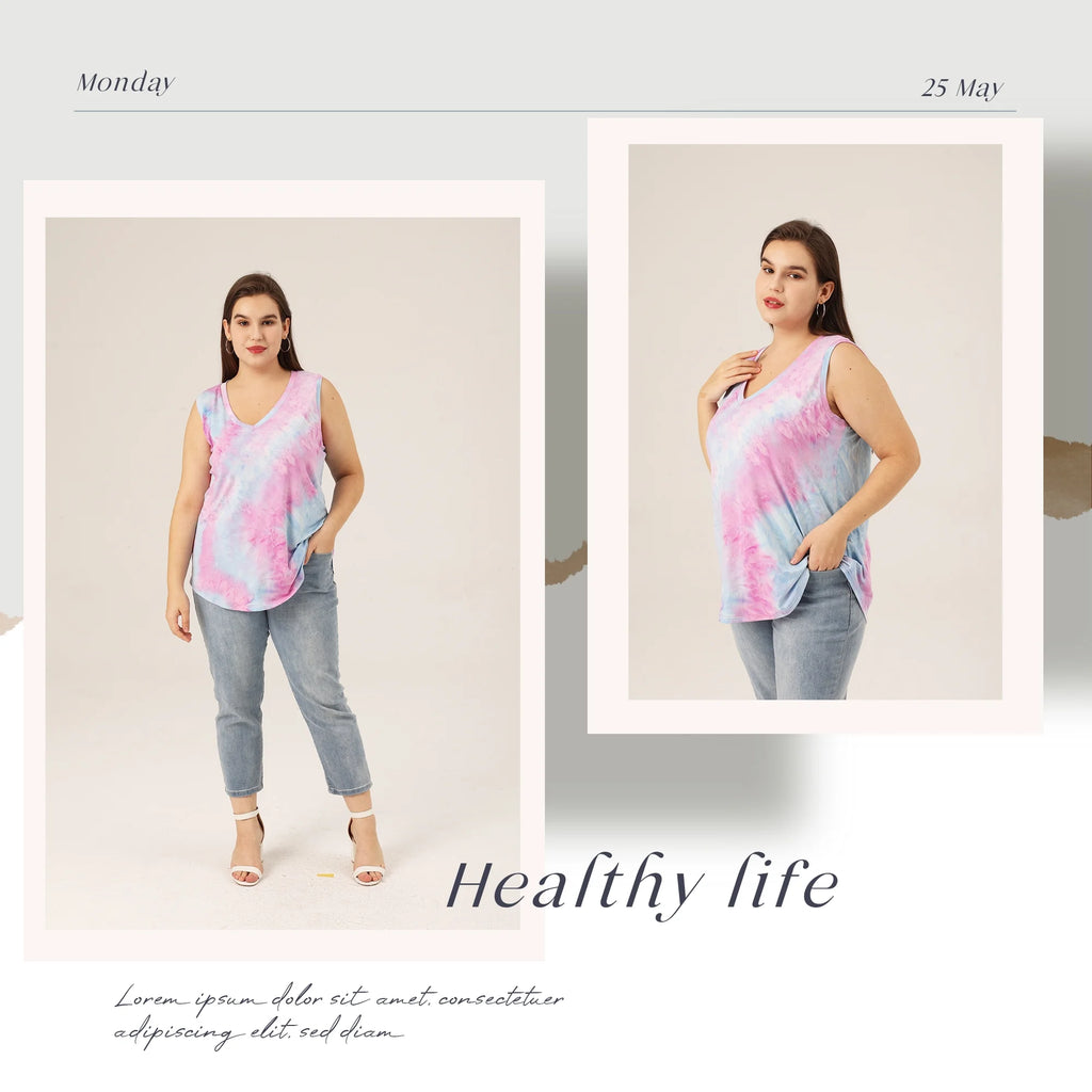 Plus Size Sleeveless Summer V Neck Cami Loose Fits Tank Top X5692