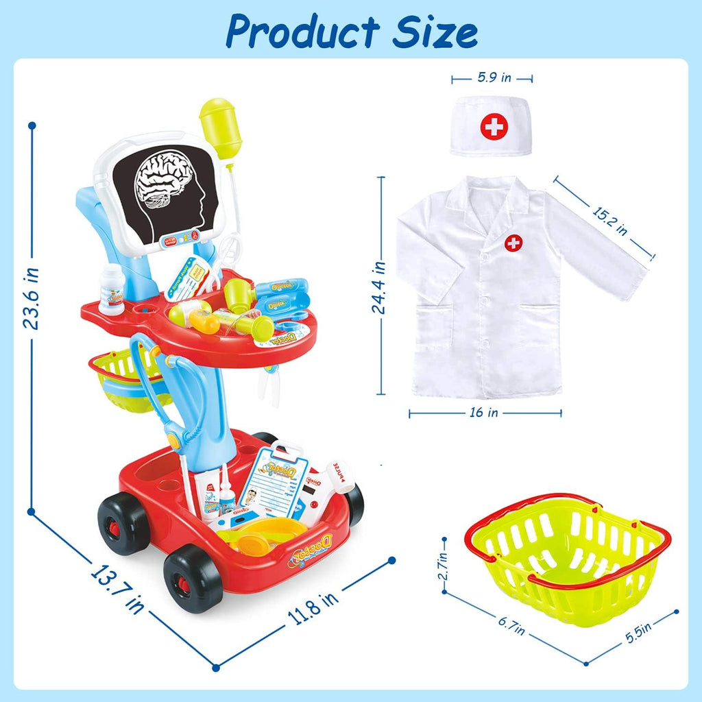 Doctor Cart Kit with Stethoscope Doctor Coat Light X-Ray Double-Decker Trolley Dress Up Doctor Costume Playset Toys Q677573