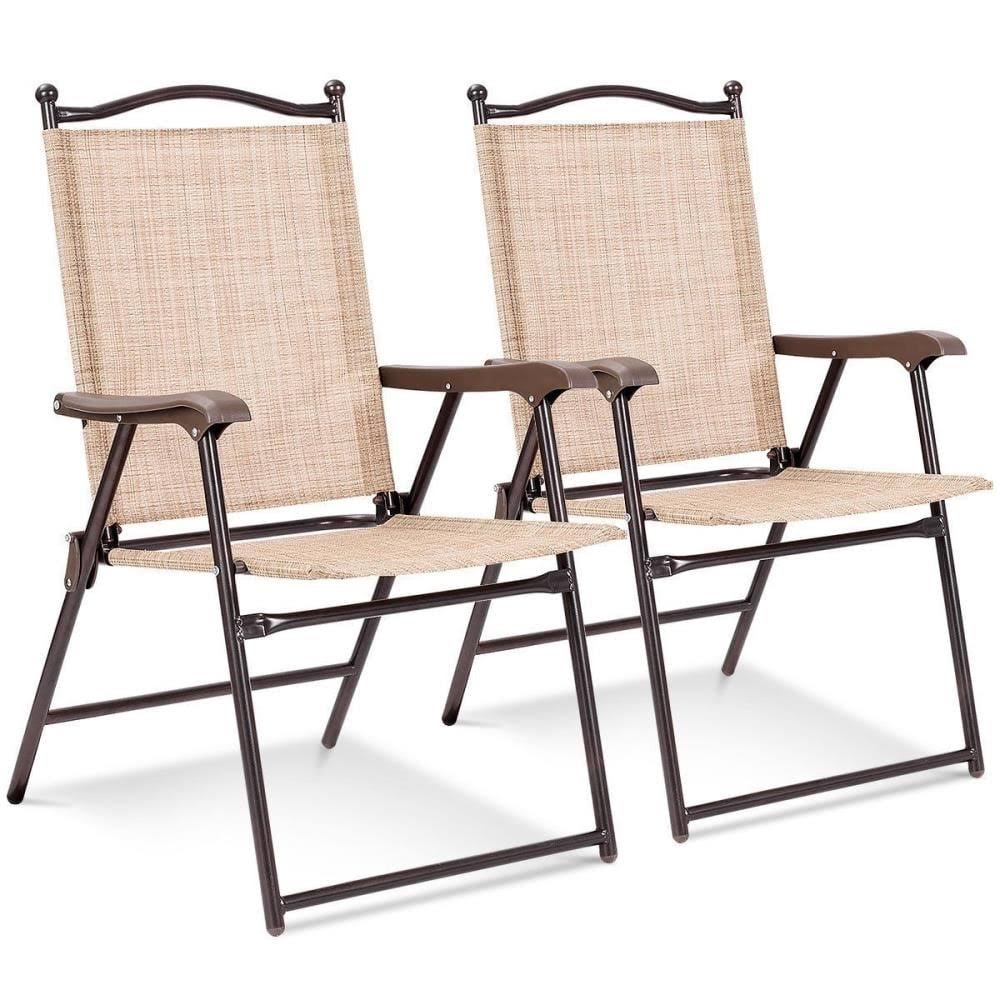 2-Pieces Beige Steel Frame Patio Folding Sling Back Camping Deck Chairs M759