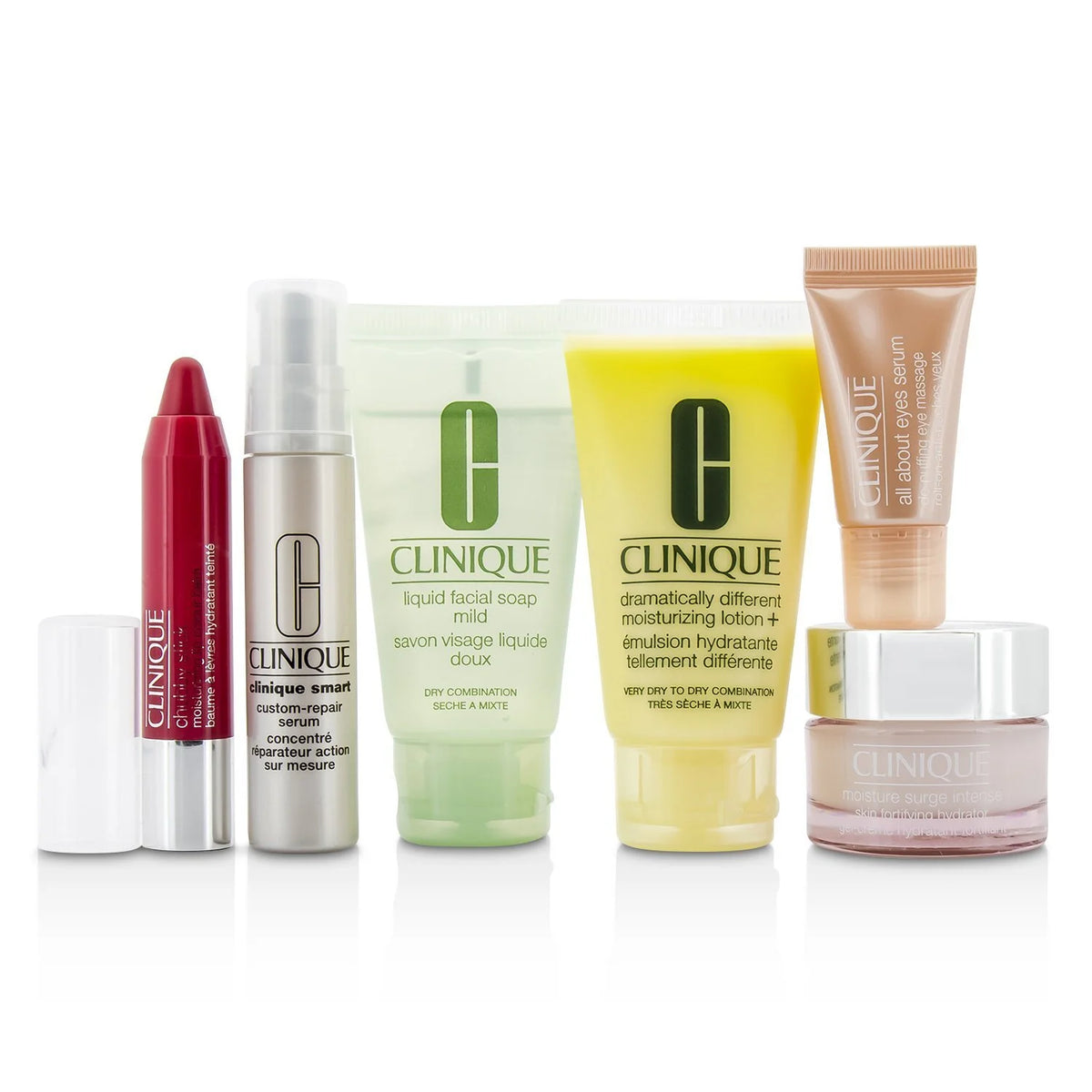 Clinique Travel Set: Facial Soap 30ml + DDML+ 30ml + Moisture Surge Intense 15ml + Smart Serum 10ml + Eye Serum 5ml + Chubby Stick #05 6pcs P482318