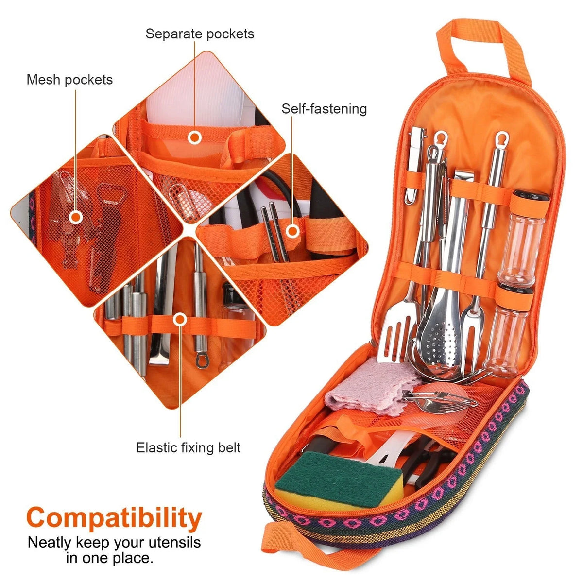 19Pcs Camping Cooking Utensil Kit Portable Picnic Cookware N64249