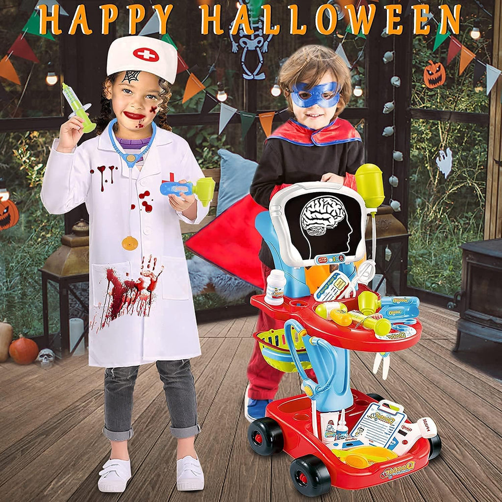 Doctor Cart Kit with Stethoscope Doctor Coat Light X-Ray Double-Decker Trolley Dress Up Doctor Costume Playset Toys Q677573
