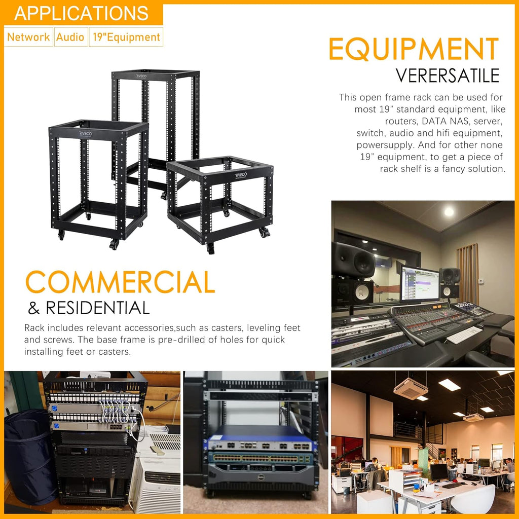 Black 18U Open Frame Server Rack with Brake Casters S903539