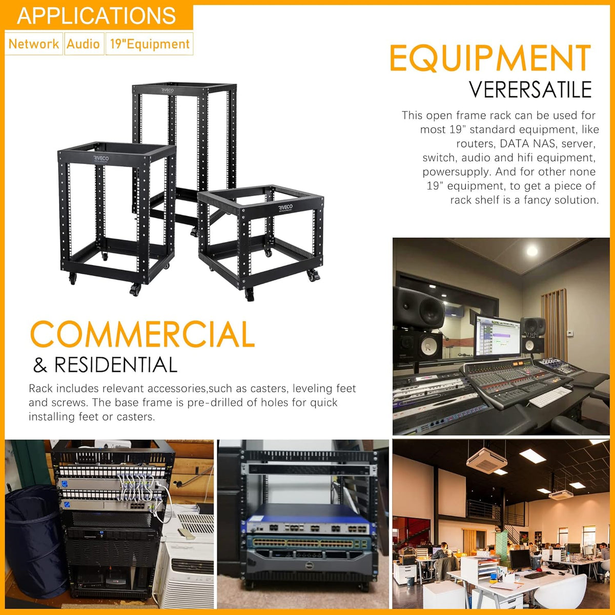 Black 18U Open Frame Server Rack with Brake Casters S903539