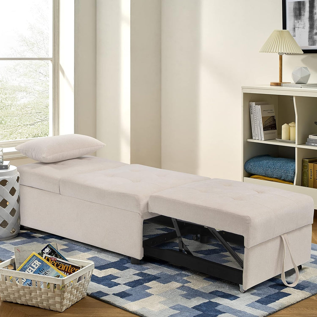 Beige Folding Ottoman Sleeper Sofa Bed T6652