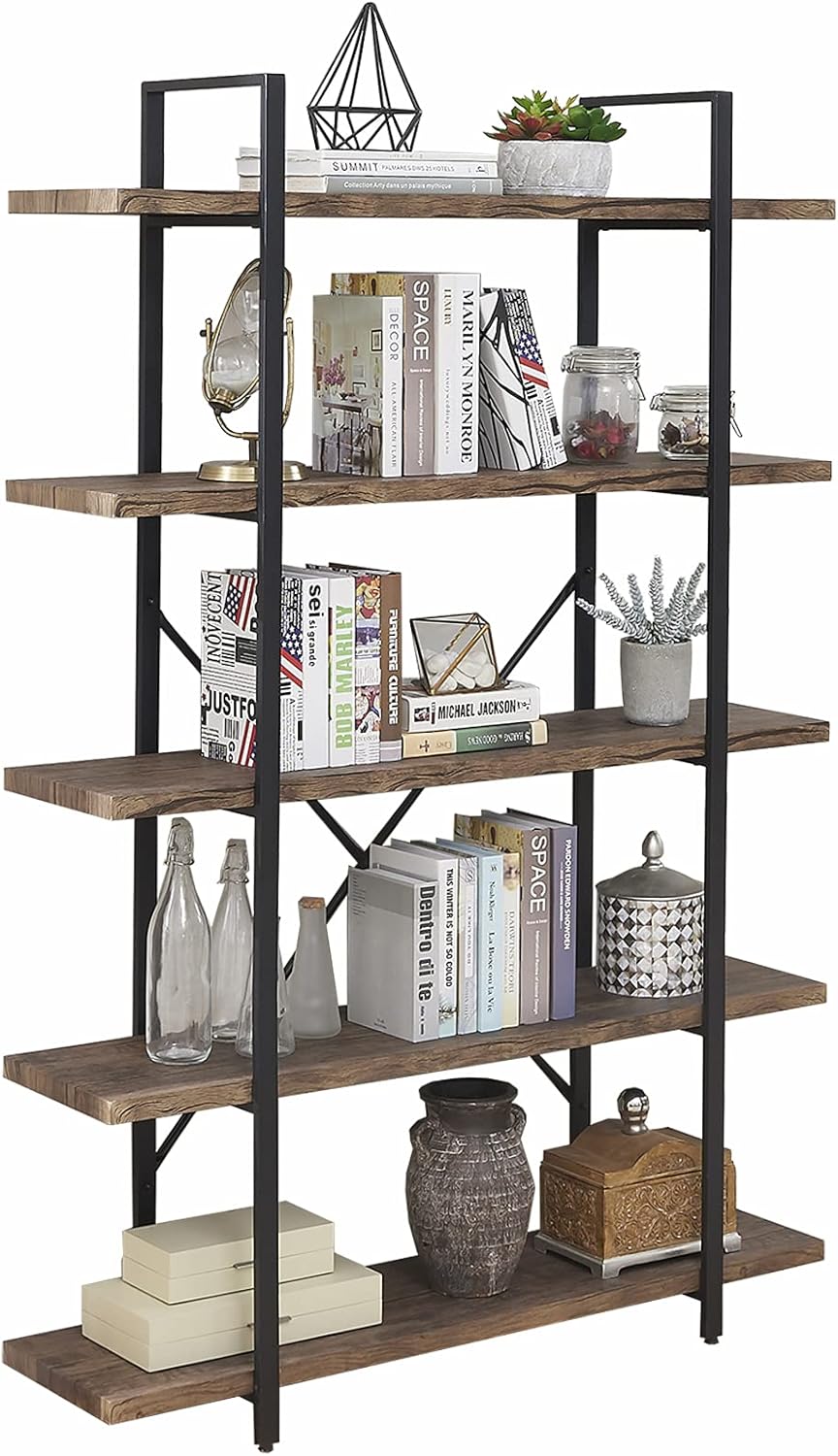 Rustic Brown 5-Shelf Industrial Bookshelf with Metal Frame H76992