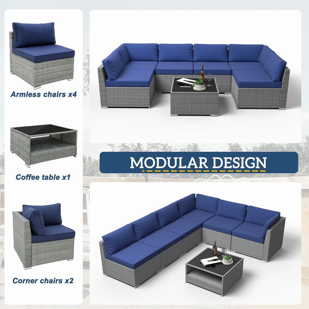 7 Piece Outdoor Wicker Patio Furniture Set with Coffee Table, Dark Blue W4274