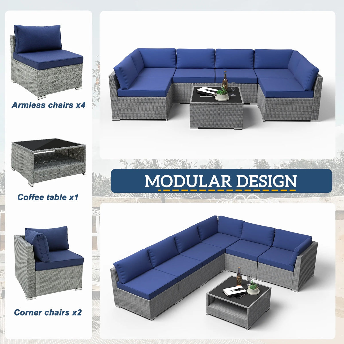 7 Piece Outdoor Wicker Patio Furniture Set with Coffee Table, Dark Blue W4274
