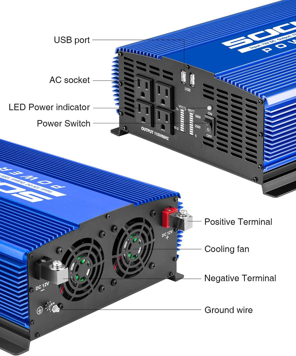 5000W Power Inverter 12V to 110V Car Inverter 4AC Outlets 2USB Ports H744