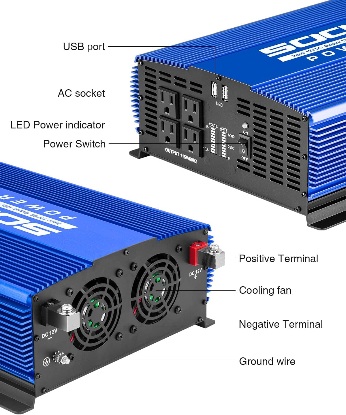 5000W Power Inverter 12V to 110V Car Inverter 4AC Outlets 2USB Ports H744