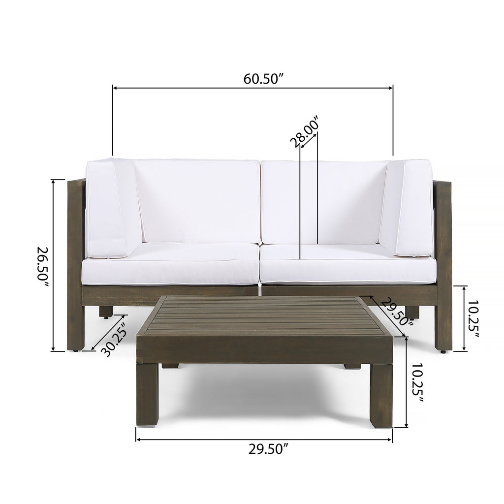 Gray and White Acacia Wood Sectional Loveseat with Coffee Table O300