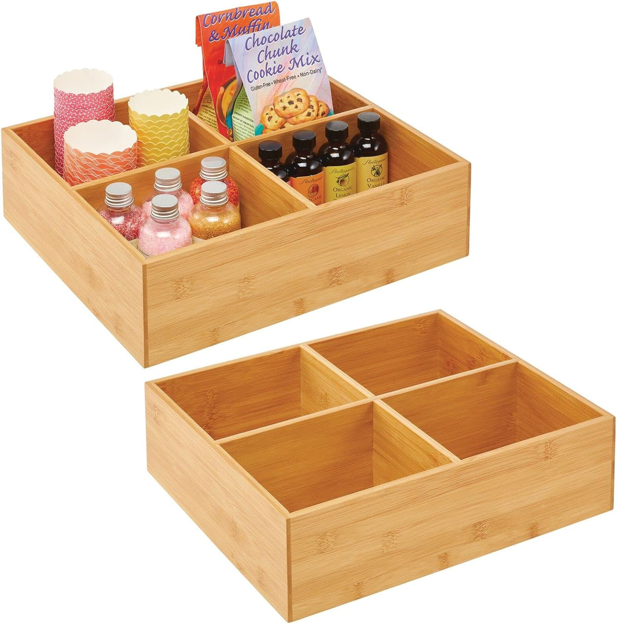 Bamboo Kitchen Cabinet Pantry Organizer Bin, 4 Divided Sections, 2 Pack G7127