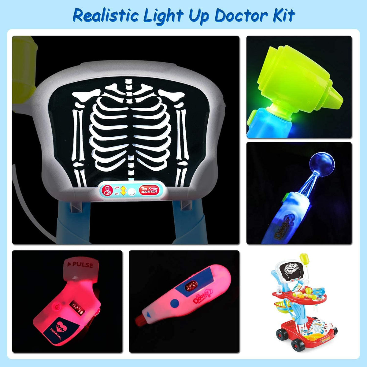 Doctor Cart Kit with Stethoscope Doctor Coat Light X-Ray Double-Decker Trolley Dress Up Doctor Costume Playset Toys Q677573
