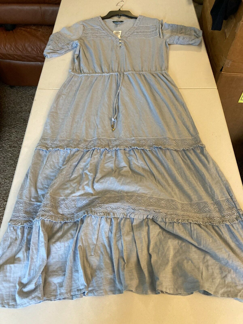Blue Maxi Lace Trim Dress W2056
