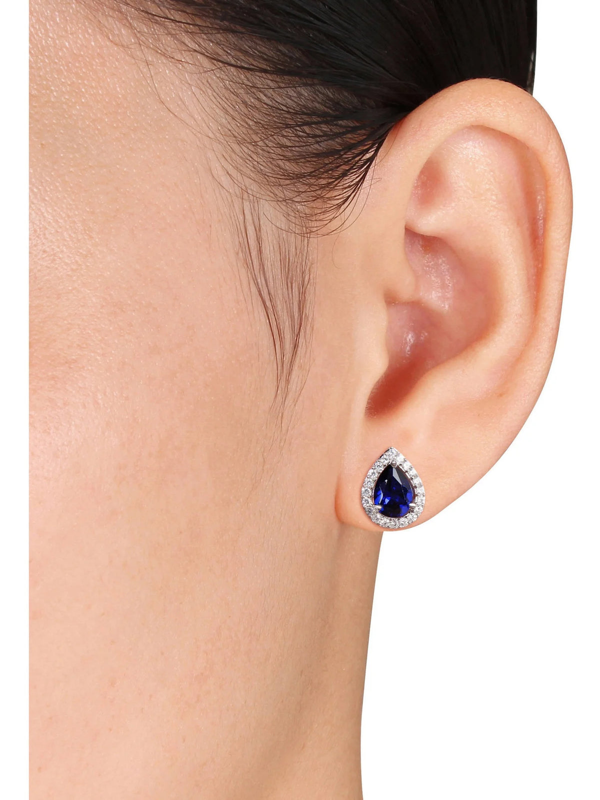 Pear-Shaped Created Blue Sapphire and White Sapphire Sterling Silver Halo Stud Earrings A54487