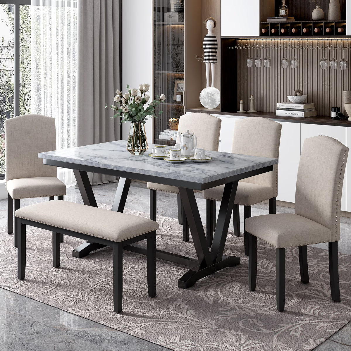 6-piece Dining Table with 4 Chairs & 1 Bench, White Y37832