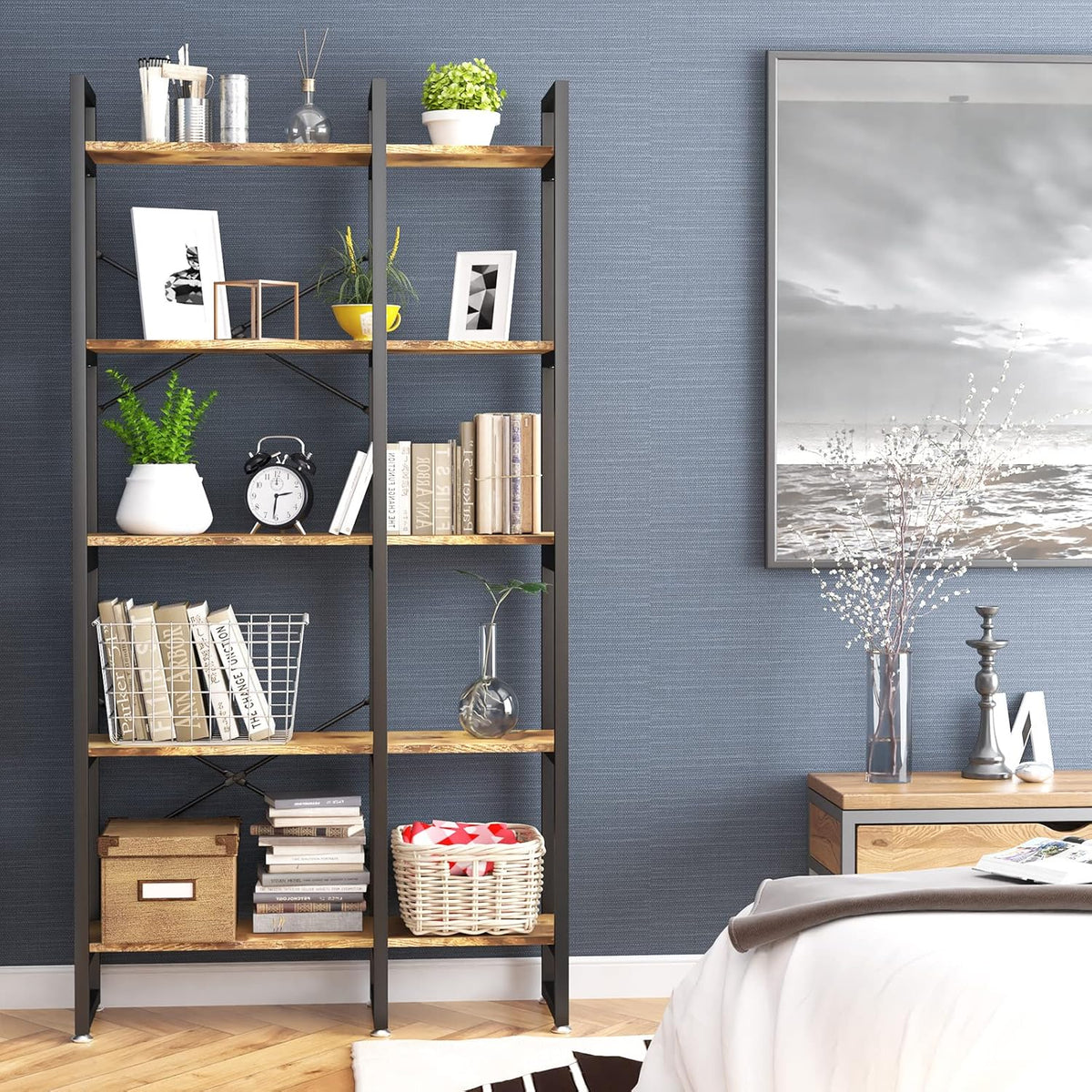 Rustic Industrial 5 Tiers Bookcase with Metal Frame C439