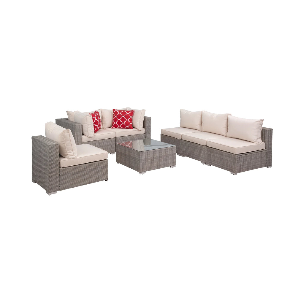 7-Piece Outdoor Rattan Wicker Sectional Seating Set with Cushions, Gray/Ivory O64938