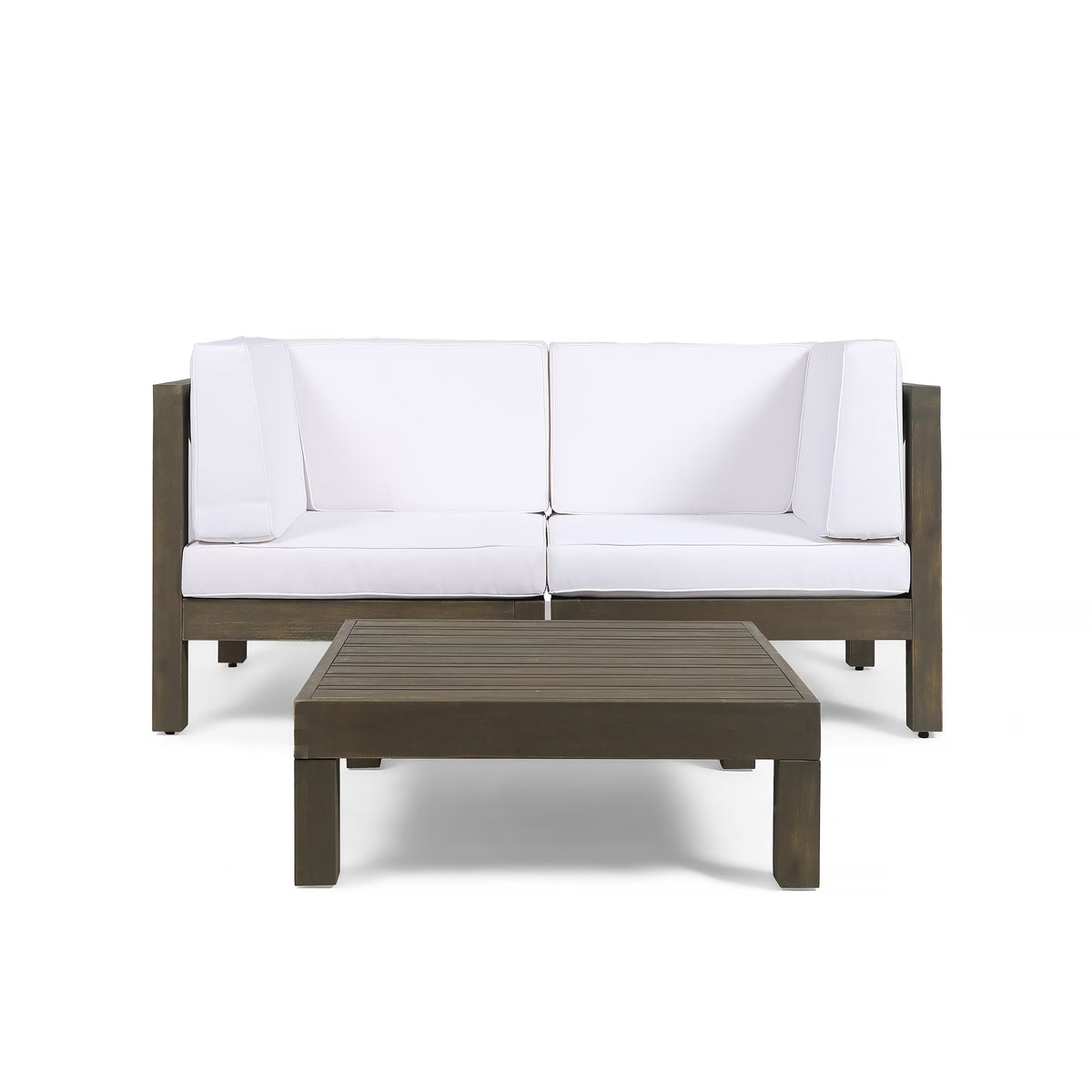 Gray and White Acacia Wood Sectional Loveseat with Coffee Table O300