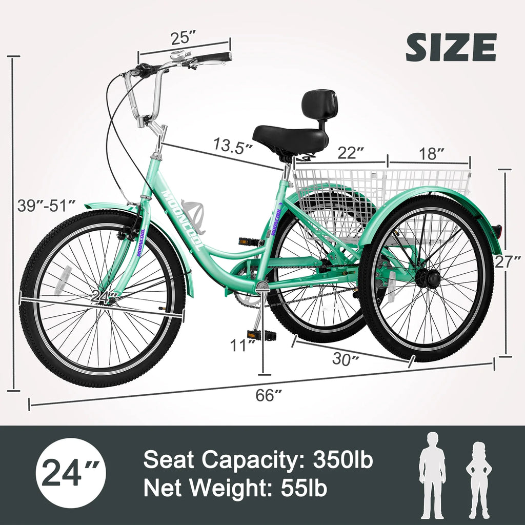 Adult Tricycles Single Speed 24 inch Three Wheel Bike Cruiser Trike with Low-Step Through Frame Large Basket V941769