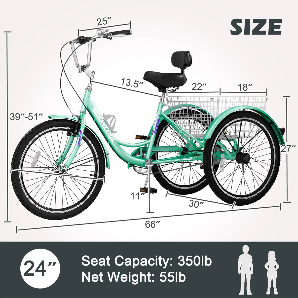 Adult Tricycles Single Speed 24 inch Three Wheel Bike Cruiser Trike with Low-Step Through Frame Large Basket V941769