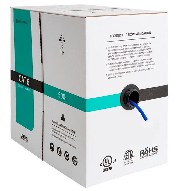 Cat6 Ethernet Bulk Cable 500ft Blue Solid UTP 23AWG H637