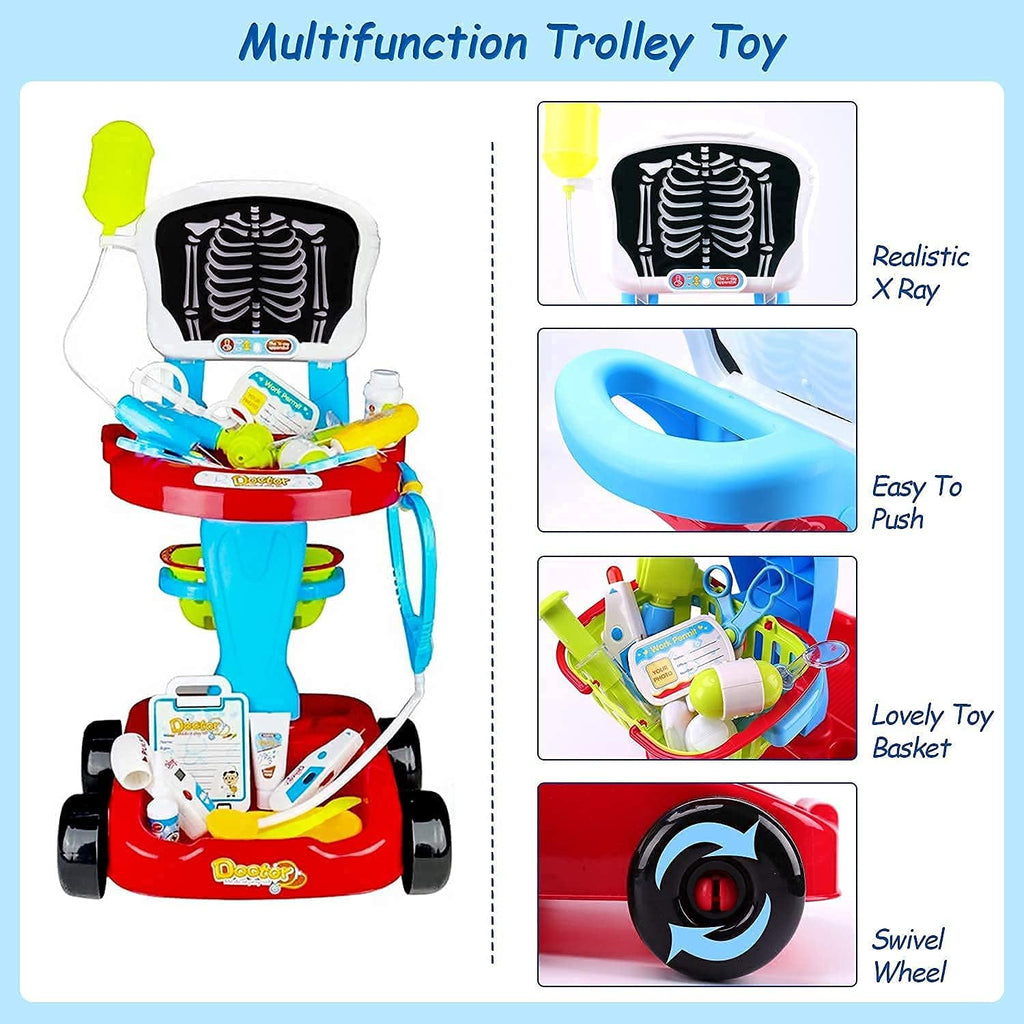 Doctor Cart Kit with Stethoscope Doctor Coat Light X-Ray Double-Decker Trolley Dress Up Doctor Costume Playset Toys Q677573