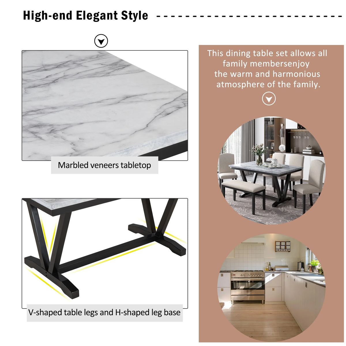 6-piece Dining Table with 4 Chairs & 1 Bench, White Y37832