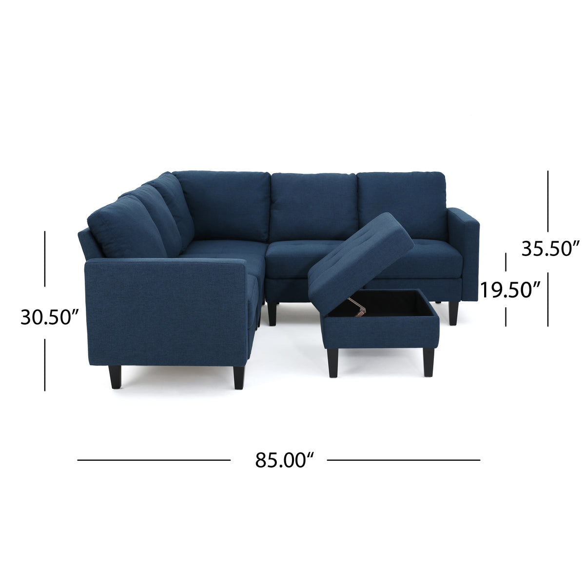 Dark Blue Fabric Sectional Couch with Storage Ottoman N732606